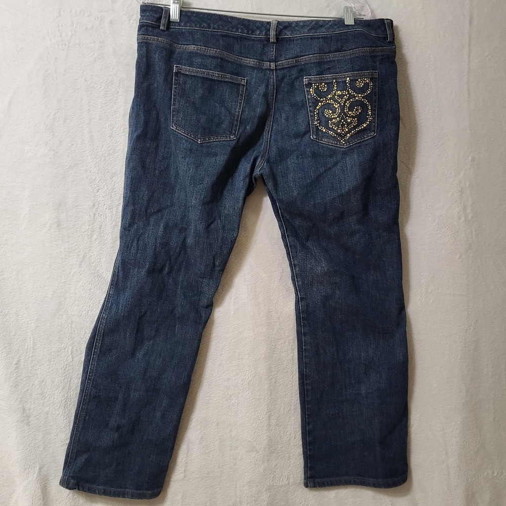 St John Jeans Women Size 14 Blue Denim Studded Pocket Straight Leg Classic Pants